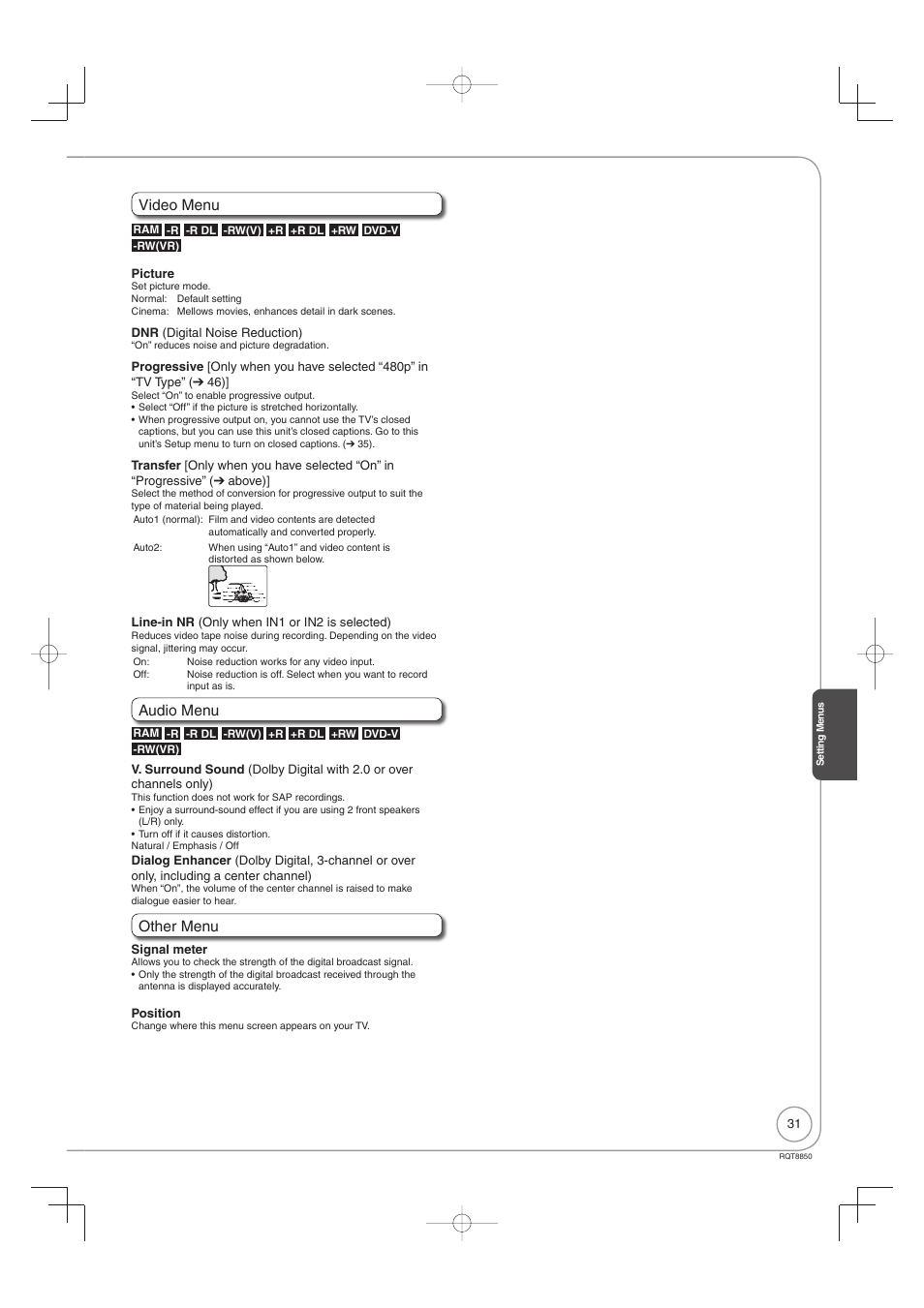 Video menu, Audio menu, Other menu | Panasonic DMR-EZ17 User Manual | Page 31 / 72