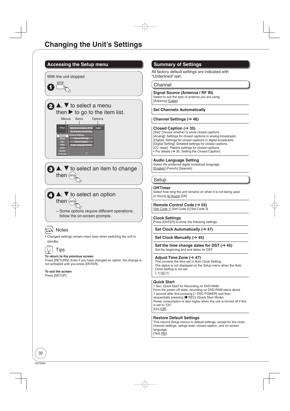 Changing the unit's settings, Changing the unit’s settings, Accessing the setup menu | Tips, Summary of settings, Channel, Setup | Panasonic DMR-EZ17 User Manual | Page 32 / 72