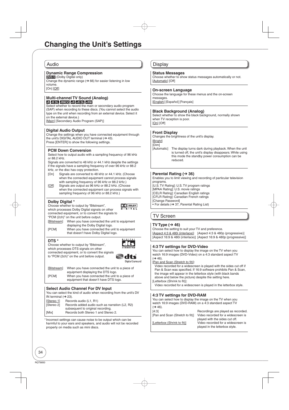 Changing the unit’s settings, Audio, Display | Tv screen | Panasonic DMR-EZ17 User Manual | Page 34 / 72