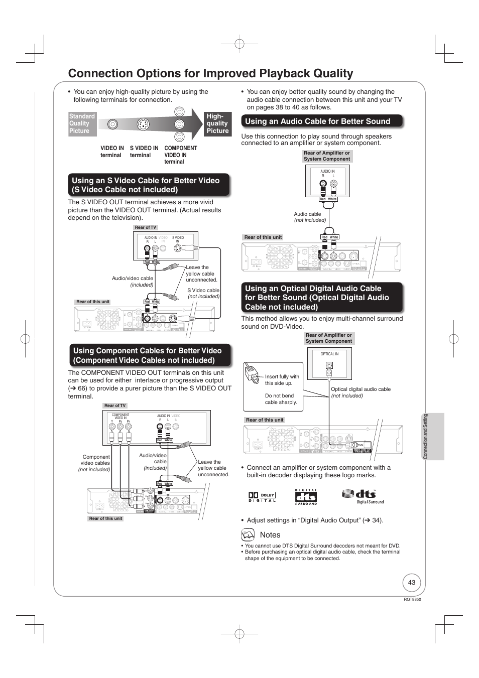 Connection options for improved playback quality, Using an audio cable for better sound | Panasonic DMR-EZ17 User Manual | Page 43 / 72