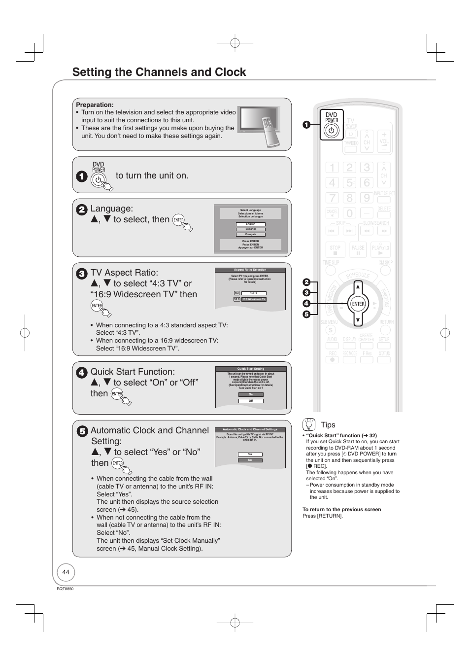 Setting the channels and clock, Tips | Panasonic DMR-EZ17 User Manual | Page 44 / 72