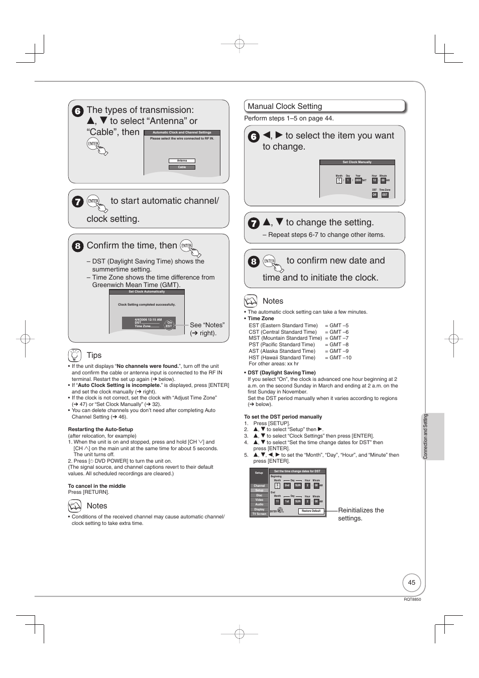 Confirm the time, then, W, q to select the item you want to change, E, r to change the setting | Tips, Manual clock setting, Perform steps 1–5 on page 44, Repeat steps 6-7 to change other items, Reinitializes the settings | Panasonic DMR-EZ17 User Manual | Page 45 / 72