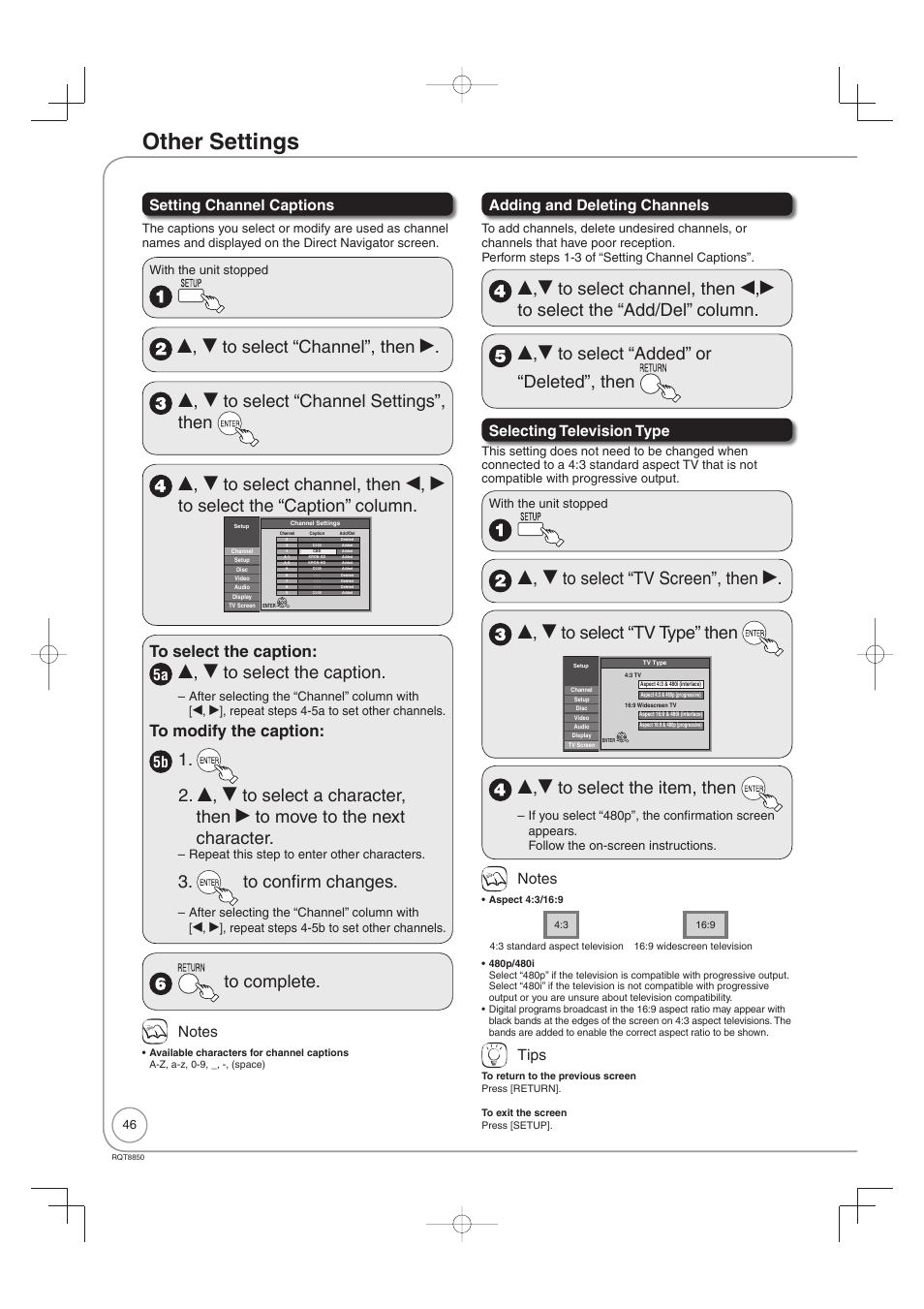 Other settings, E, r to select the caption, E,r to select the item, then | Setting channel captions, Adding and deleting channels, Selecting television type, Tips, Repeat this step to enter other characters | Panasonic DMR-EZ17 User Manual | Page 46 / 72