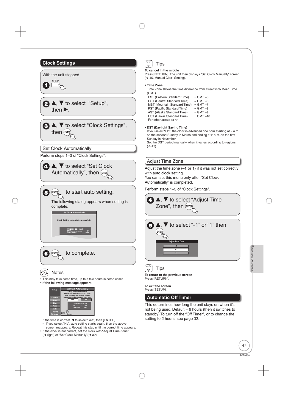 1” or “1” then, Clock settings, Set clock automatically | Tips, Adjust time zone, Automatic off timer | Panasonic DMR-EZ17 User Manual | Page 47 / 72