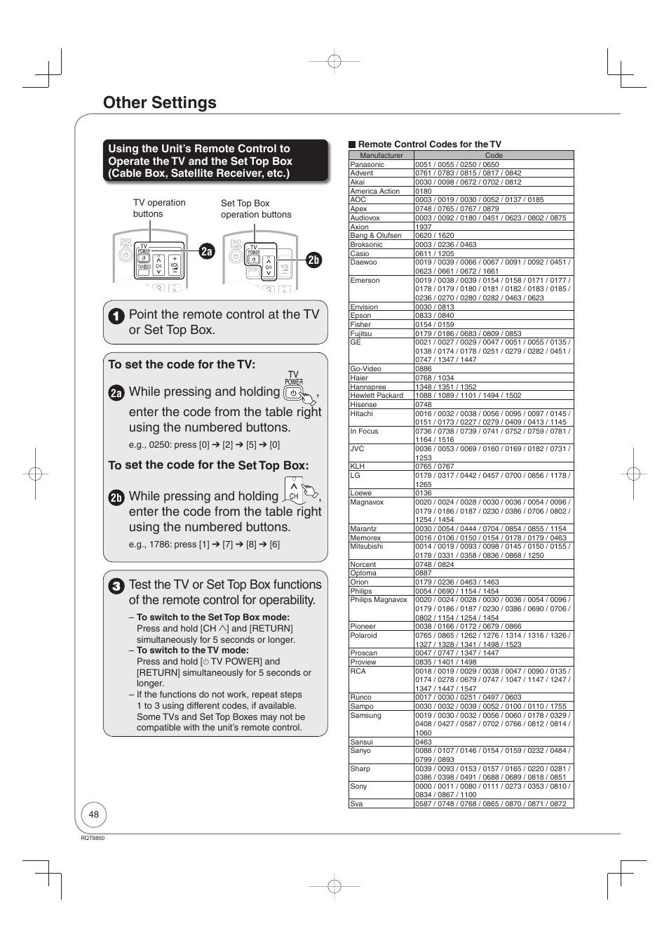 Other settings, Point the remote control at the tv or set top box, 2a 2b | Panasonic DMR-EZ17 User Manual | Page 48 / 72