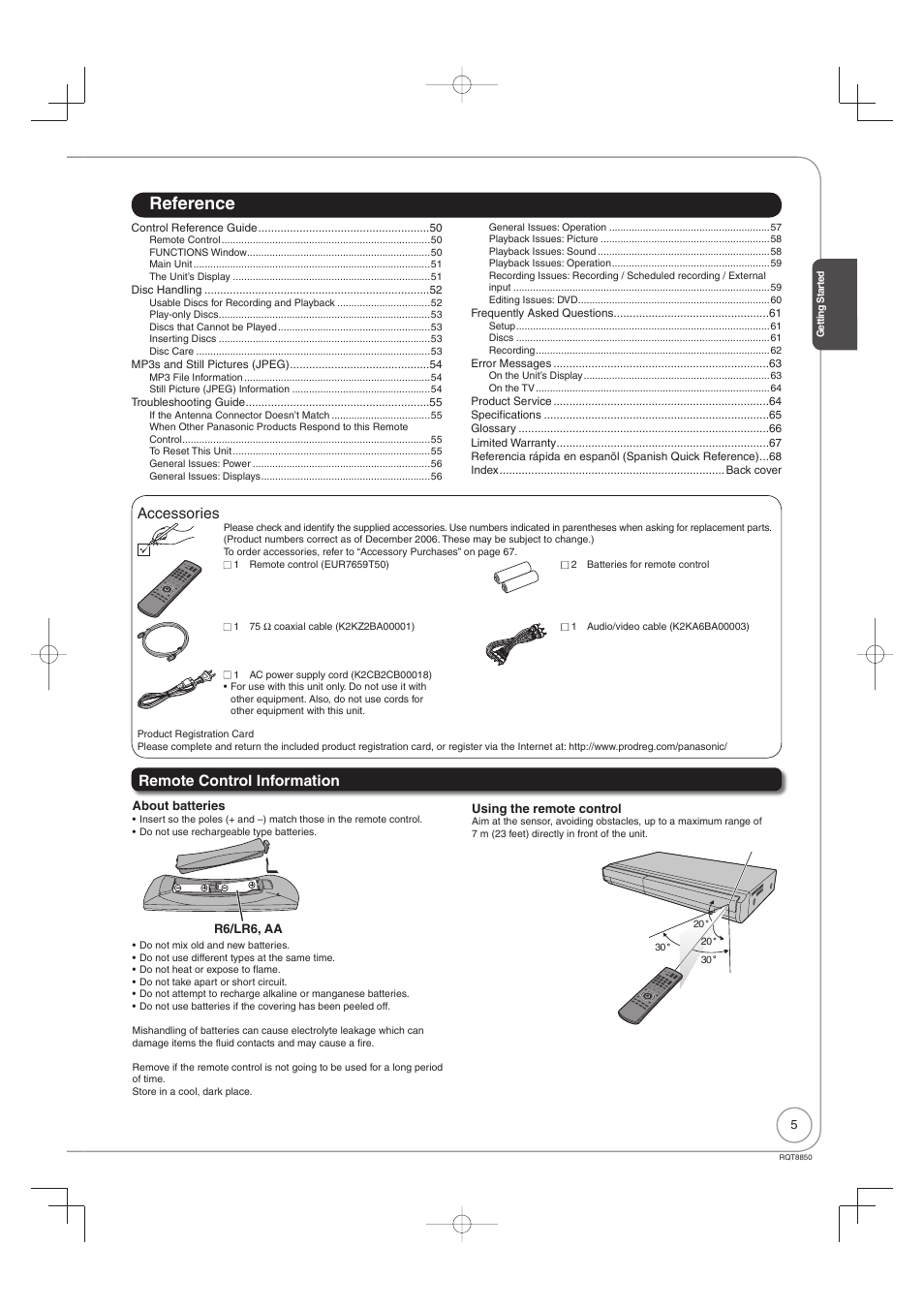 Accessories, Remote control information, Reference | Panasonic DMR-EZ17 User Manual | Page 5 / 72