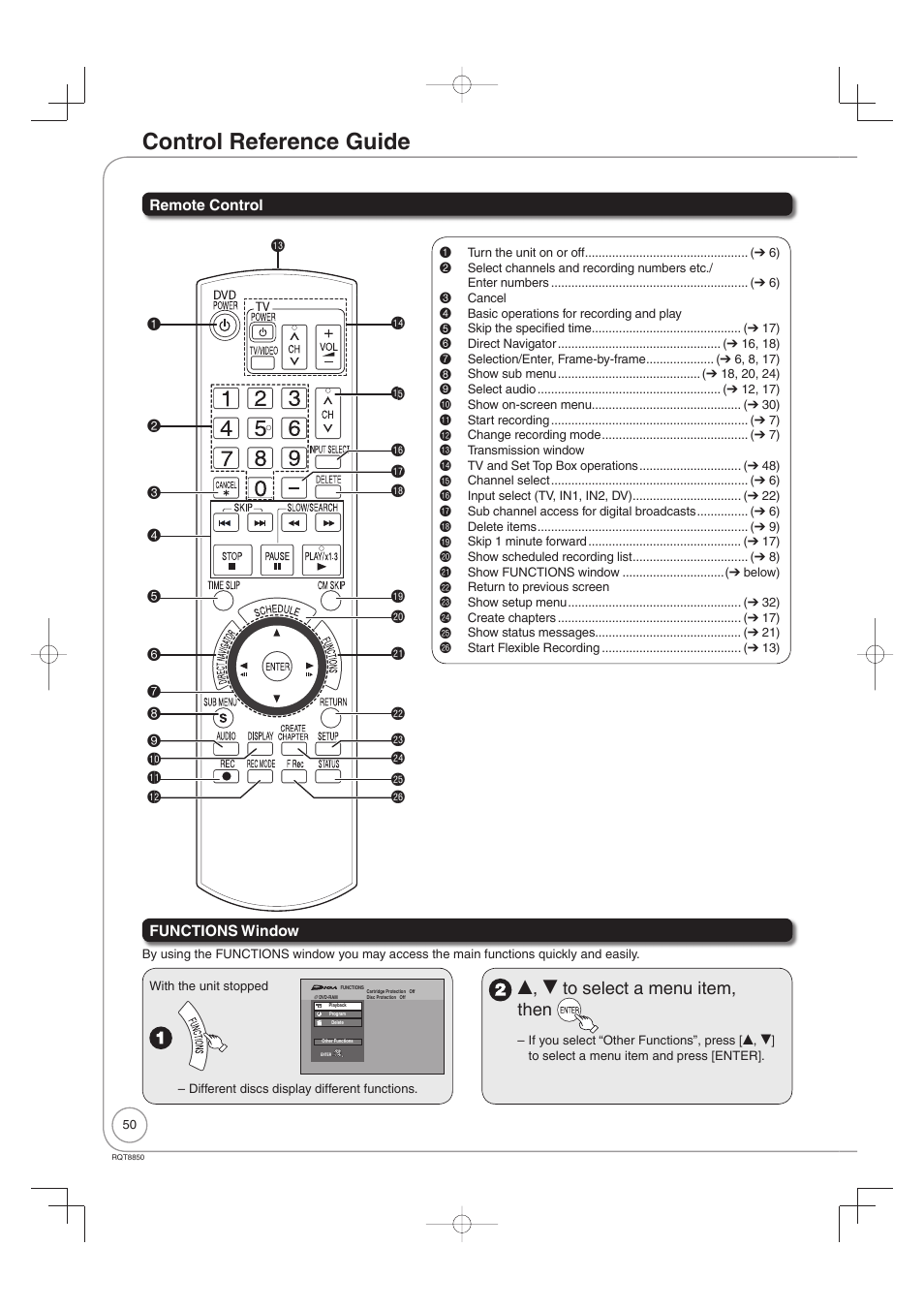 Reference, Control reference guide, E, r to select a menu item, then | Panasonic DMR-EZ17 User Manual | Page 50 / 72