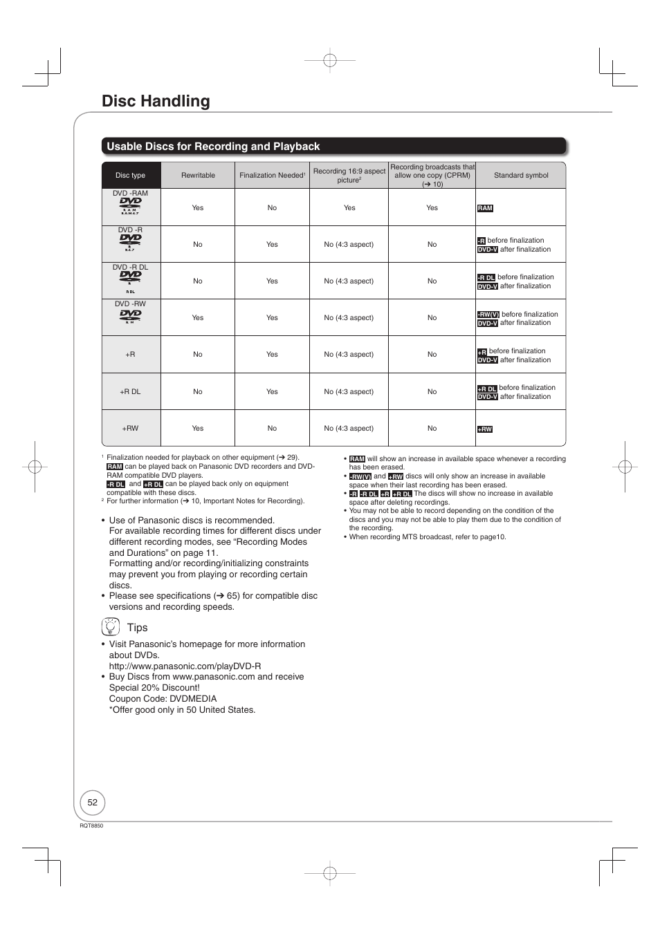 Disc handling, Usable discs for recording and playback, Tips | Panasonic DMR-EZ17 User Manual | Page 52 / 72