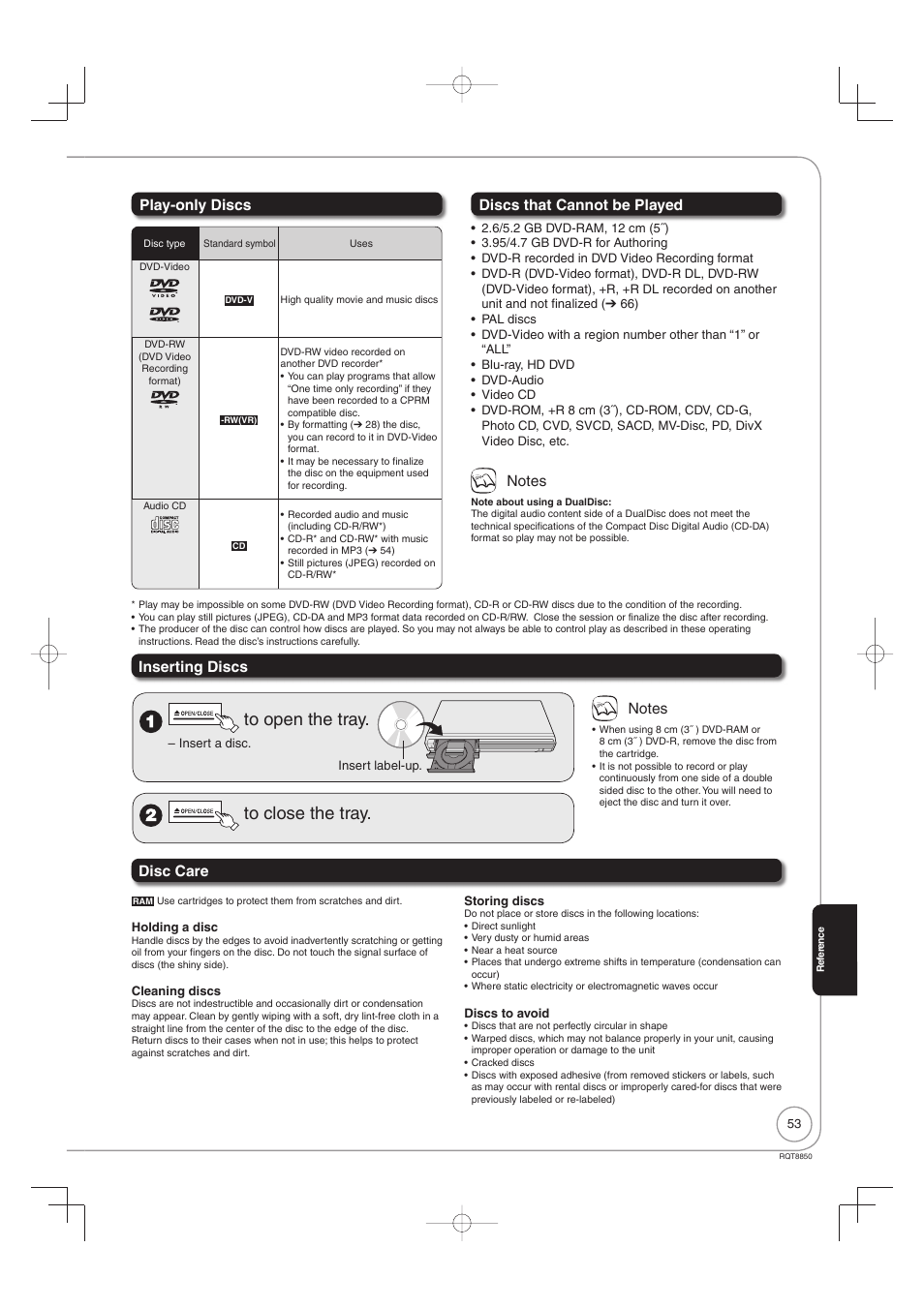 Play-only discs, Discs that cannot be played, Inserting discs | Disc care | Panasonic DMR-EZ17 User Manual | Page 53 / 72