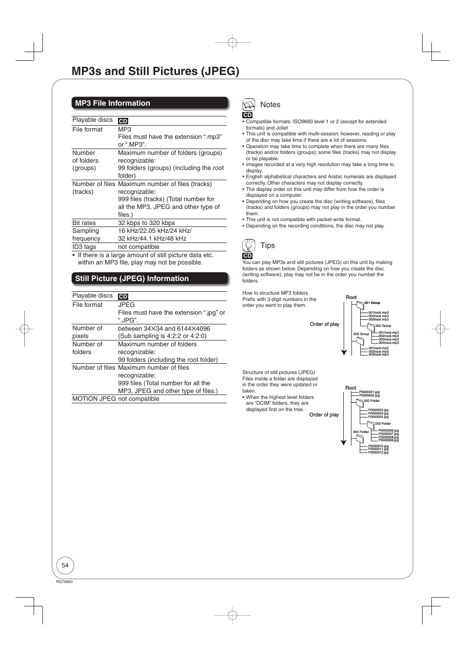 Mp3's and still pictures (jpeg), Mp3s and still pictures (jpeg), Mp3 file information | Still picture (jpeg) information, Tips | Panasonic DMR-EZ17 User Manual | Page 54 / 72