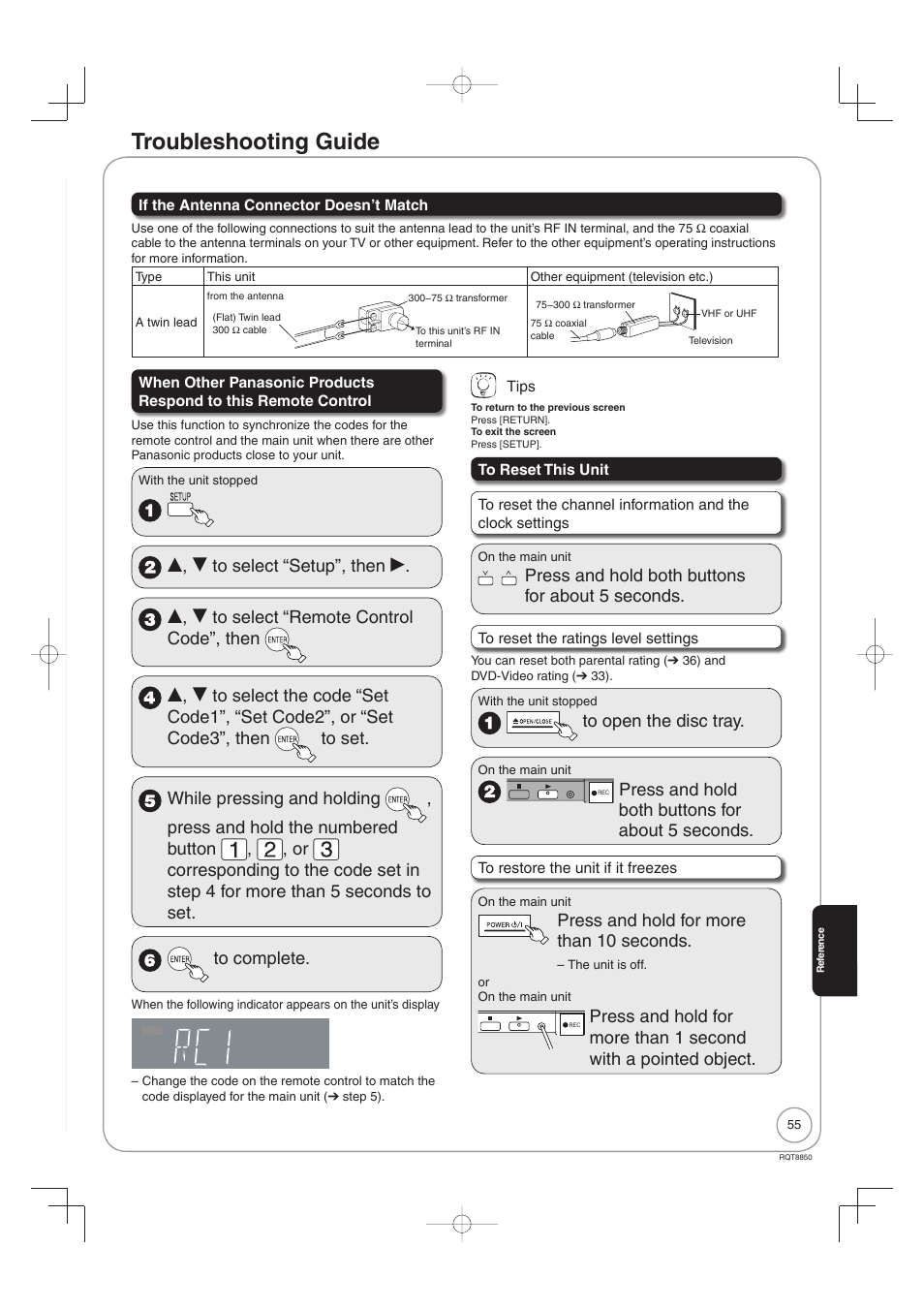 Troubleshooting guide, Press and hold both buttons for about 5 seconds, Press and hold for more than 10 seconds | Panasonic DMR-EZ17 User Manual | Page 55 / 72