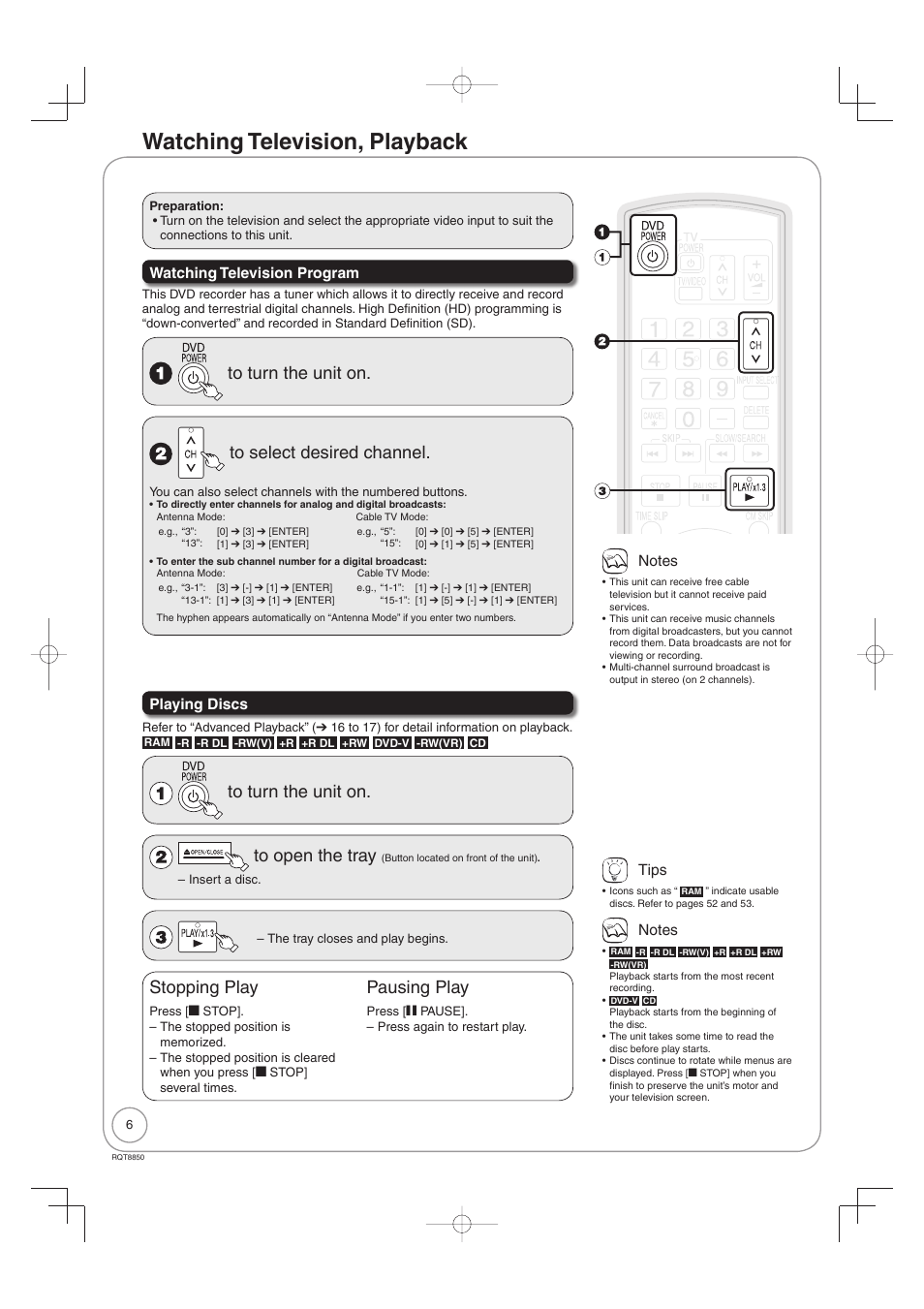 Basic operations, Watching television, playback, Stopping play | Pausing play | Panasonic DMR-EZ17 User Manual | Page 6 / 72