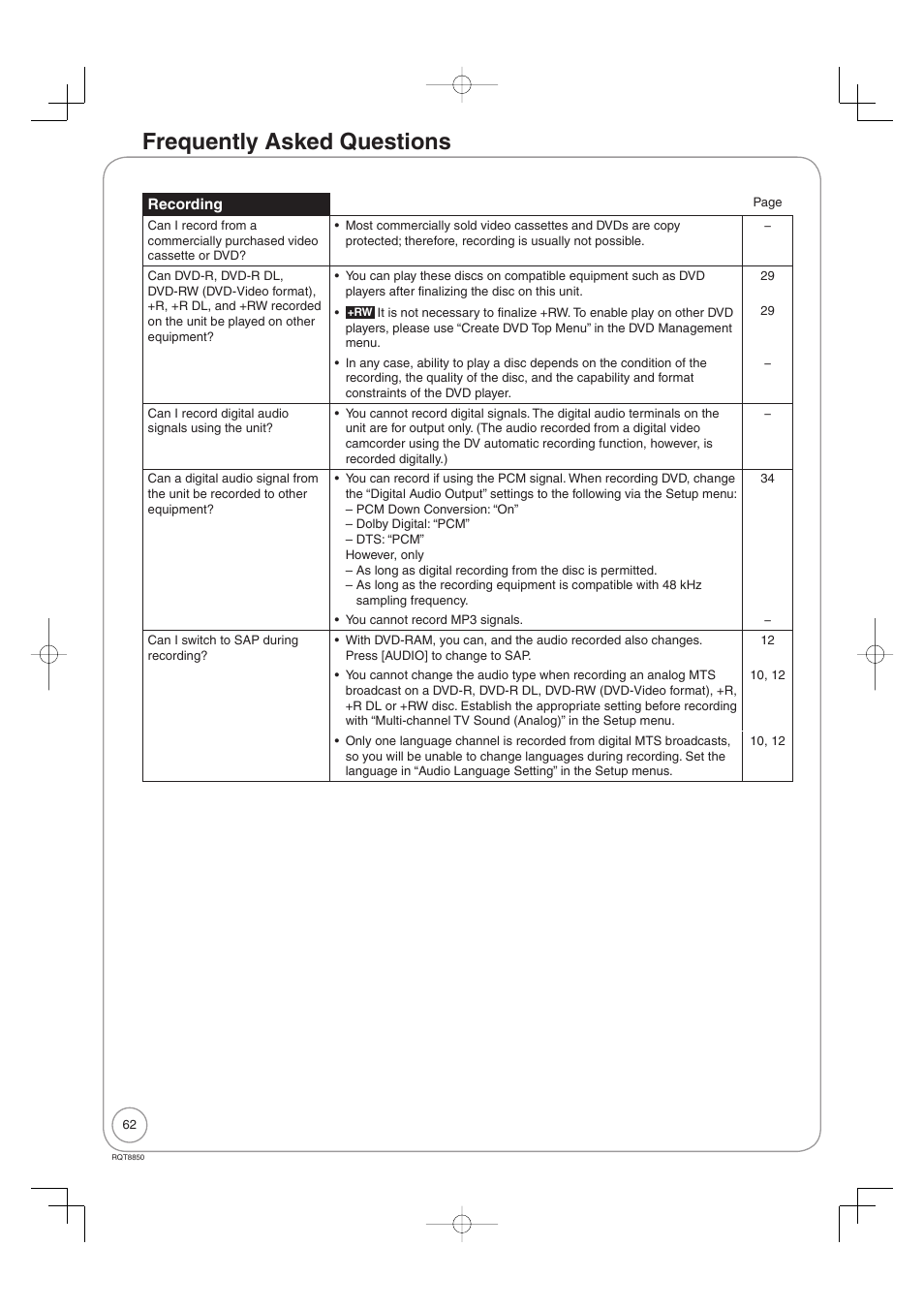 Frequently asked questions | Panasonic DMR-EZ17 User Manual | Page 62 / 72