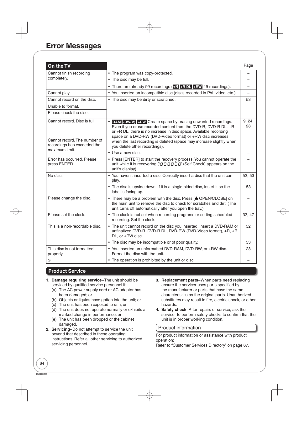 Product service, Error messages | Panasonic DMR-EZ17 User Manual | Page 64 / 72