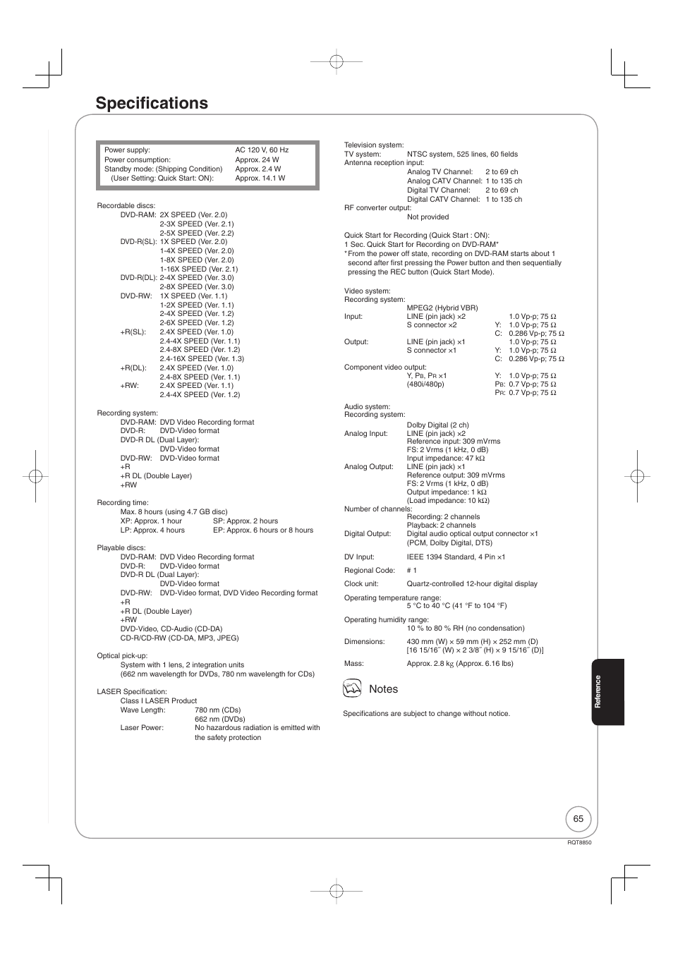 Specifications | Panasonic DMR-EZ17 User Manual | Page 65 / 72