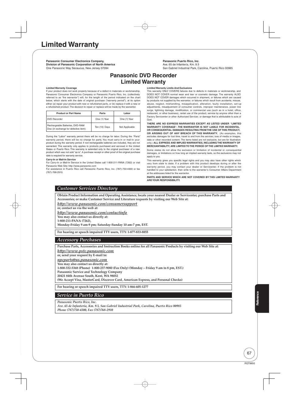 Limited warranty, Panasonic dvd recorder limited warranty, Customer services directory | Accessory purchases, Service in puerto rico | Panasonic DMR-EZ17 User Manual | Page 67 / 72