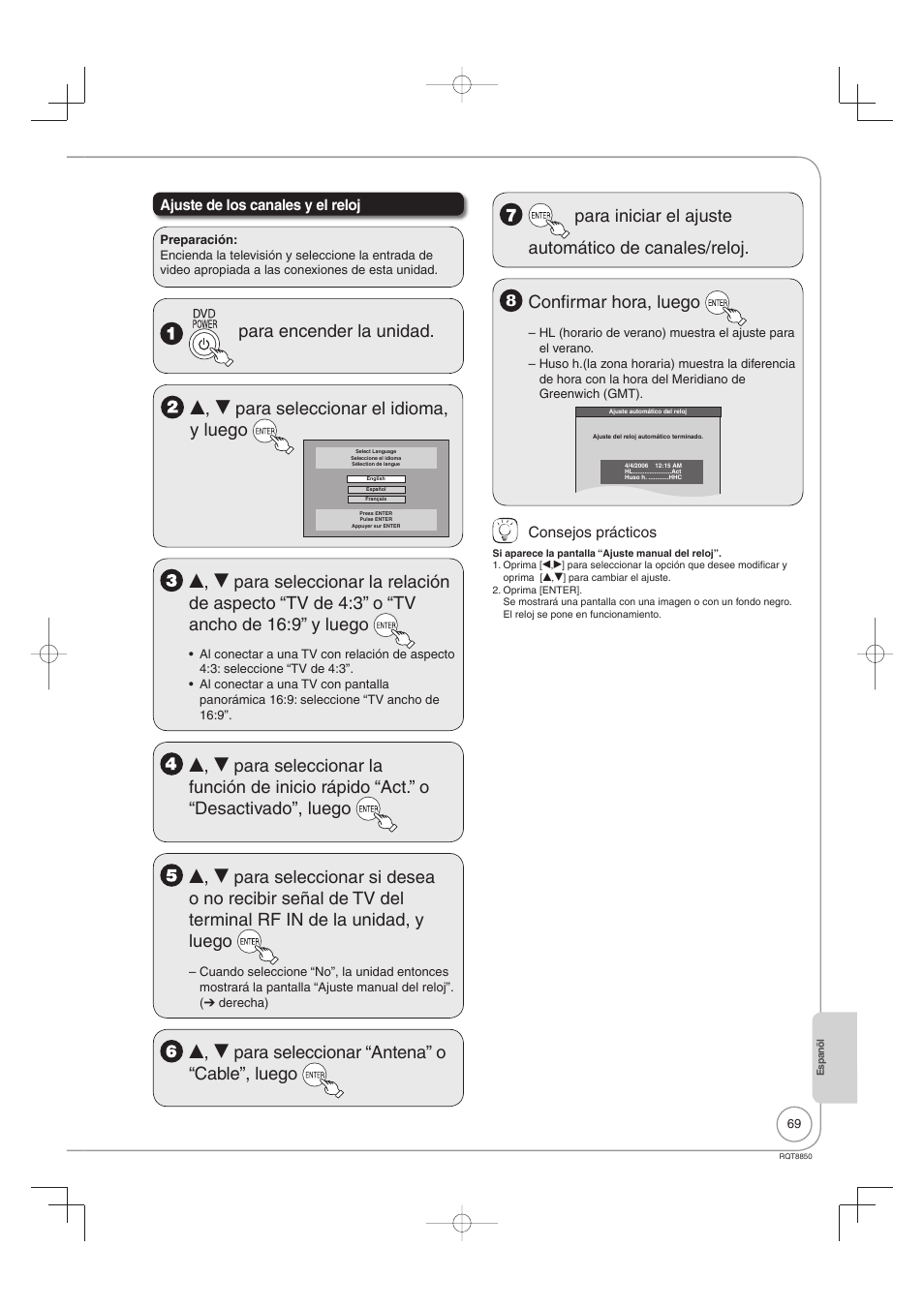 Confirmar hora, luego, Ajuste de los canales y el reloj, Consejos prácticos | Panasonic DMR-EZ17 User Manual | Page 69 / 72