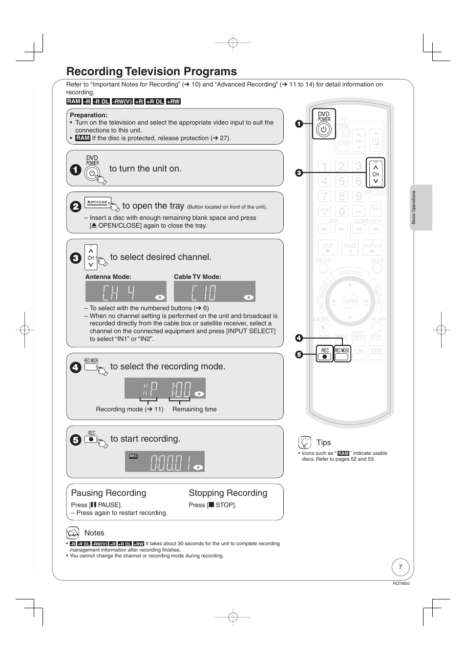 Recording television programs, Pausing recording, Stopping recording | Panasonic DMR-EZ17 User Manual | Page 7 / 72