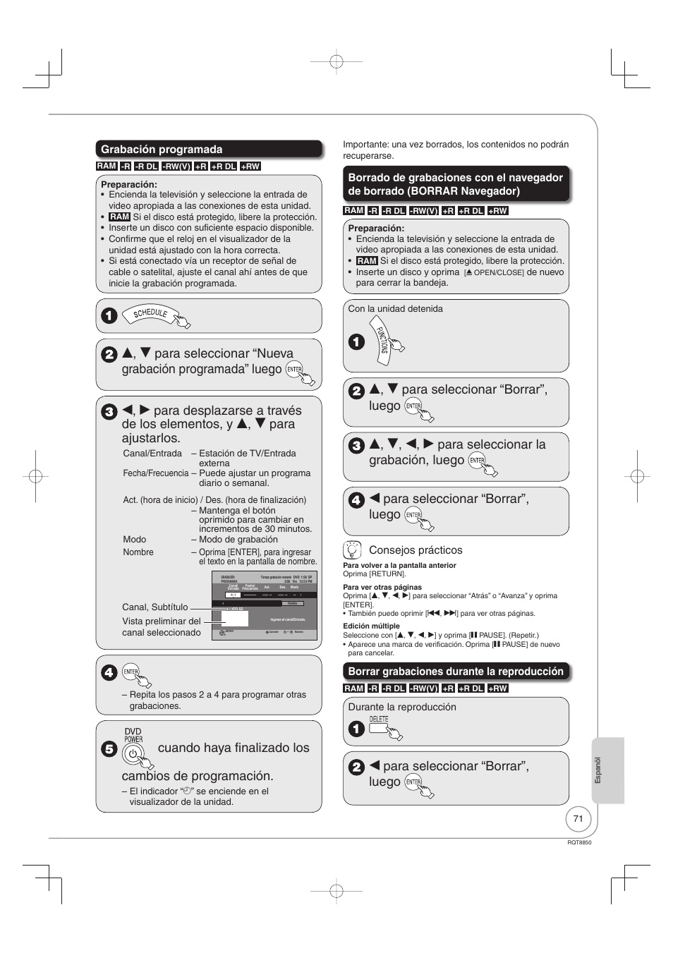 Cuando haya finalizado los cambios de programación, W para seleccionar “borrar”, luego | Panasonic DMR-EZ17 User Manual | Page 71 / 72