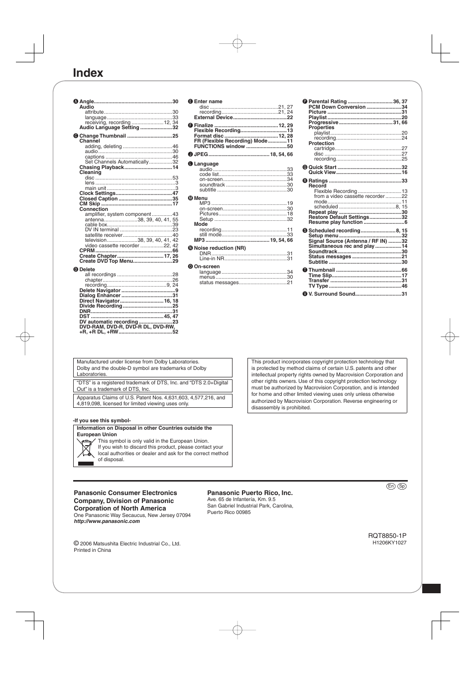 Index | Panasonic DMR-EZ17 User Manual | Page 72 / 72