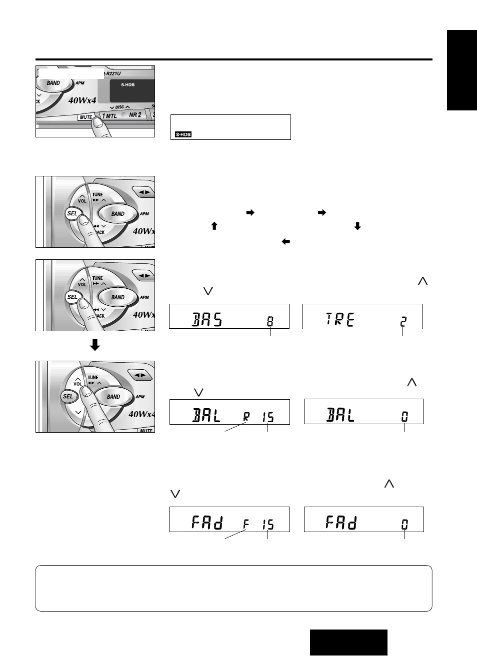 S•hdb (super high definition bass), Changing audio modes, Bass and treble | Balance, Fader | Panasonic CQ-R221U User Manual | Page 11 / 76