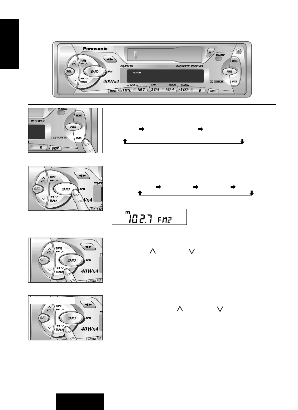 Radio basics, Change to the tuner mode, Selecting a band | Manual tuning, Seek tuning | Panasonic CQ-R221U User Manual | Page 12 / 76
