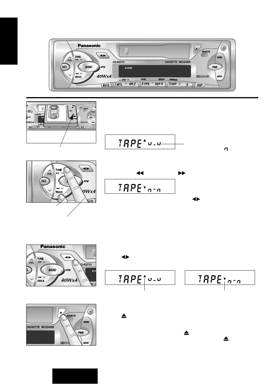 Cassette tape player basics, Loading a cassette, Rewind and fast forward | Changing sides, Ejecting the tape | Panasonic CQ-R221U User Manual | Page 14 / 76