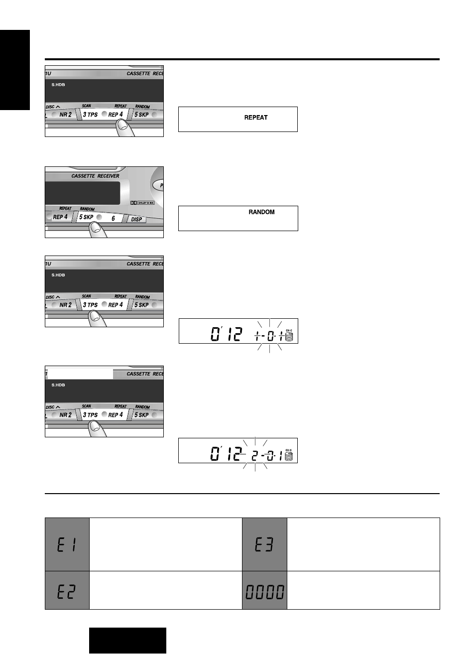 Cd changer basics, Repeating a track, Random selection | Scanning tracks, Scanning discs, Continued, Error display messages | Panasonic CQ-R221U User Manual | Page 18 / 76