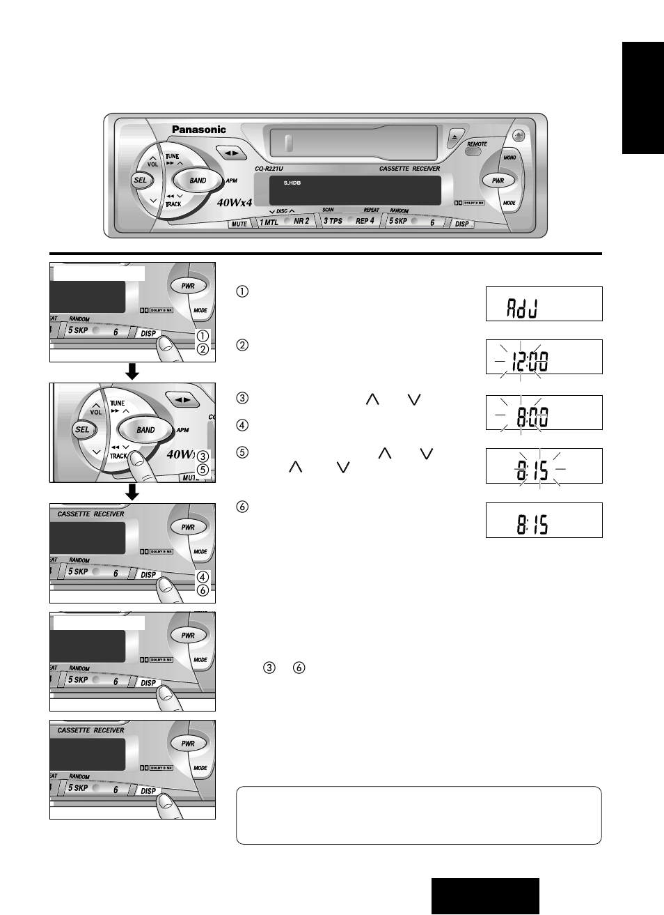 Clock basics, Initial time setting, Resetting the time | Selecting the clock display | Panasonic CQ-R221U User Manual | Page 19 / 76