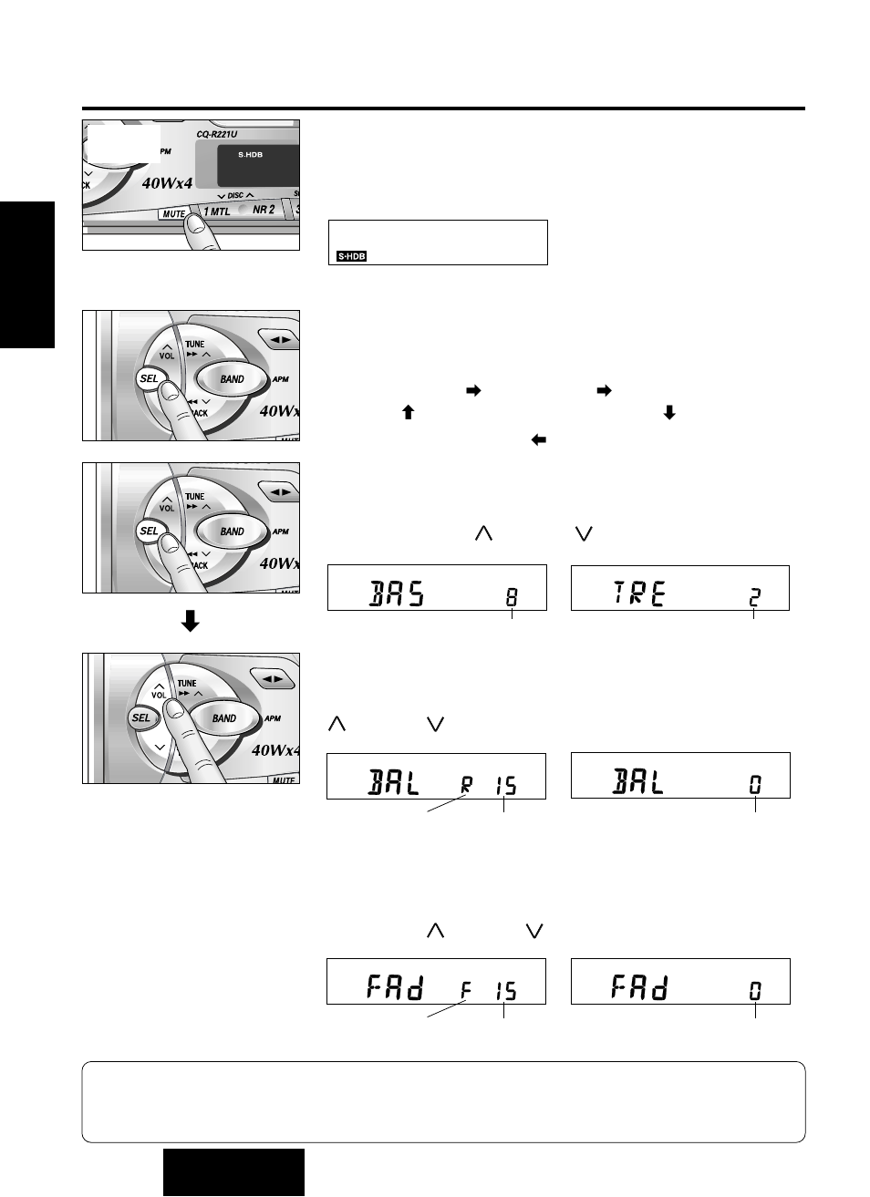 Ultra-haute définition des graves (s•hdb), Commutation des modes de réglage audio, Graves et aigus | Équilibre, Équilibre avant-arrière, Suite) | Panasonic CQ-R221U User Manual | Page 32 / 76