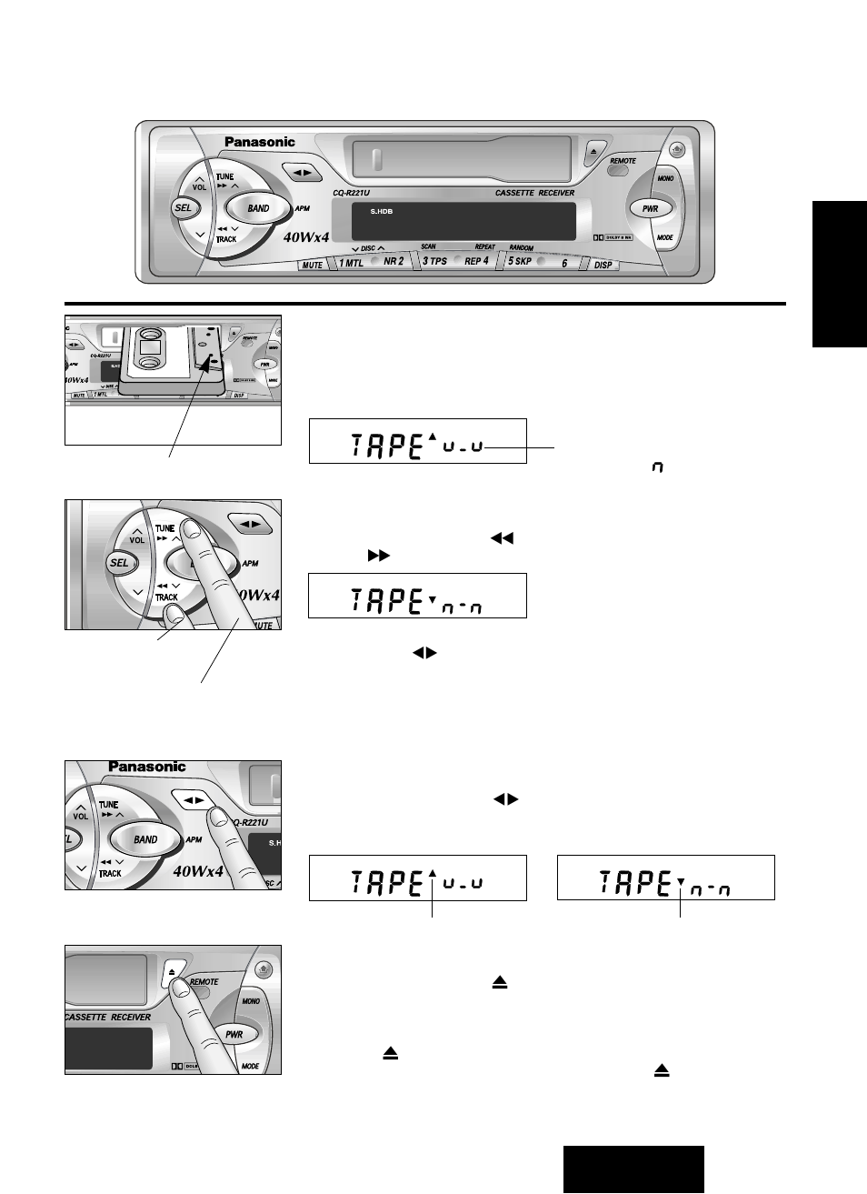 Fonctionnement du lecteur de cassettes, Chargement de la cassette, Rebobinage/avance accélérée | Inversion, Éjection de la cassette | Panasonic CQ-R221U User Manual | Page 35 / 76