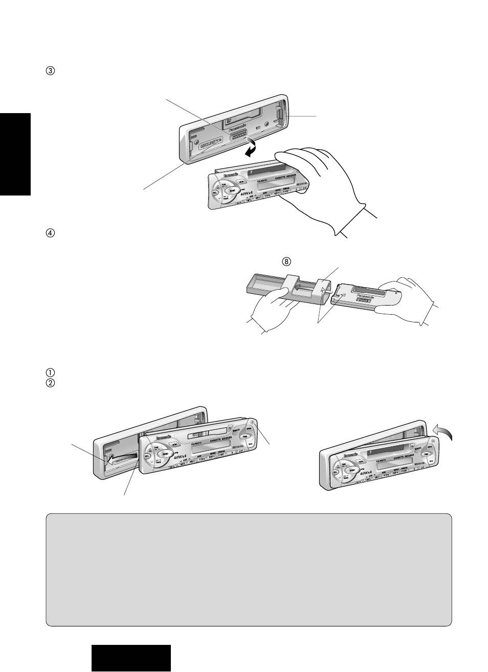 Guide d’installation, Installation du panneau avant amovible, Suite | Fig. 7, Fig. 6, Fig. 8 fig. 9 | Panasonic CQ-R221U User Manual | Page 48 / 76