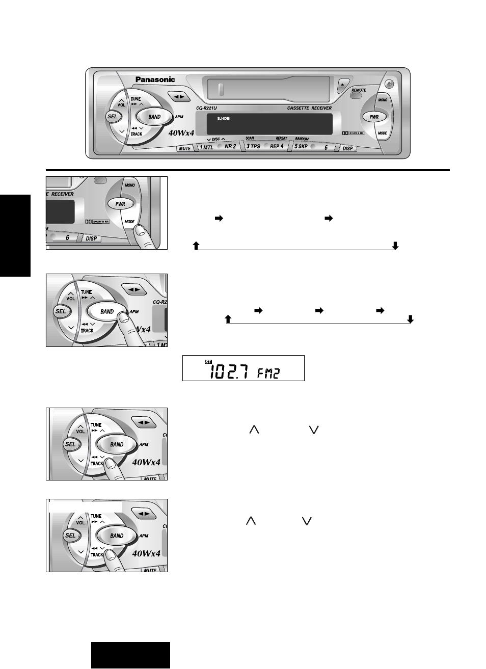 Operación básica del radio, Para cambiar el modo del sintonizador, Cómo elegir una banda | Sintonía manual, Sintonía por búsqueda | Panasonic CQ-R221U User Manual | Page 54 / 76