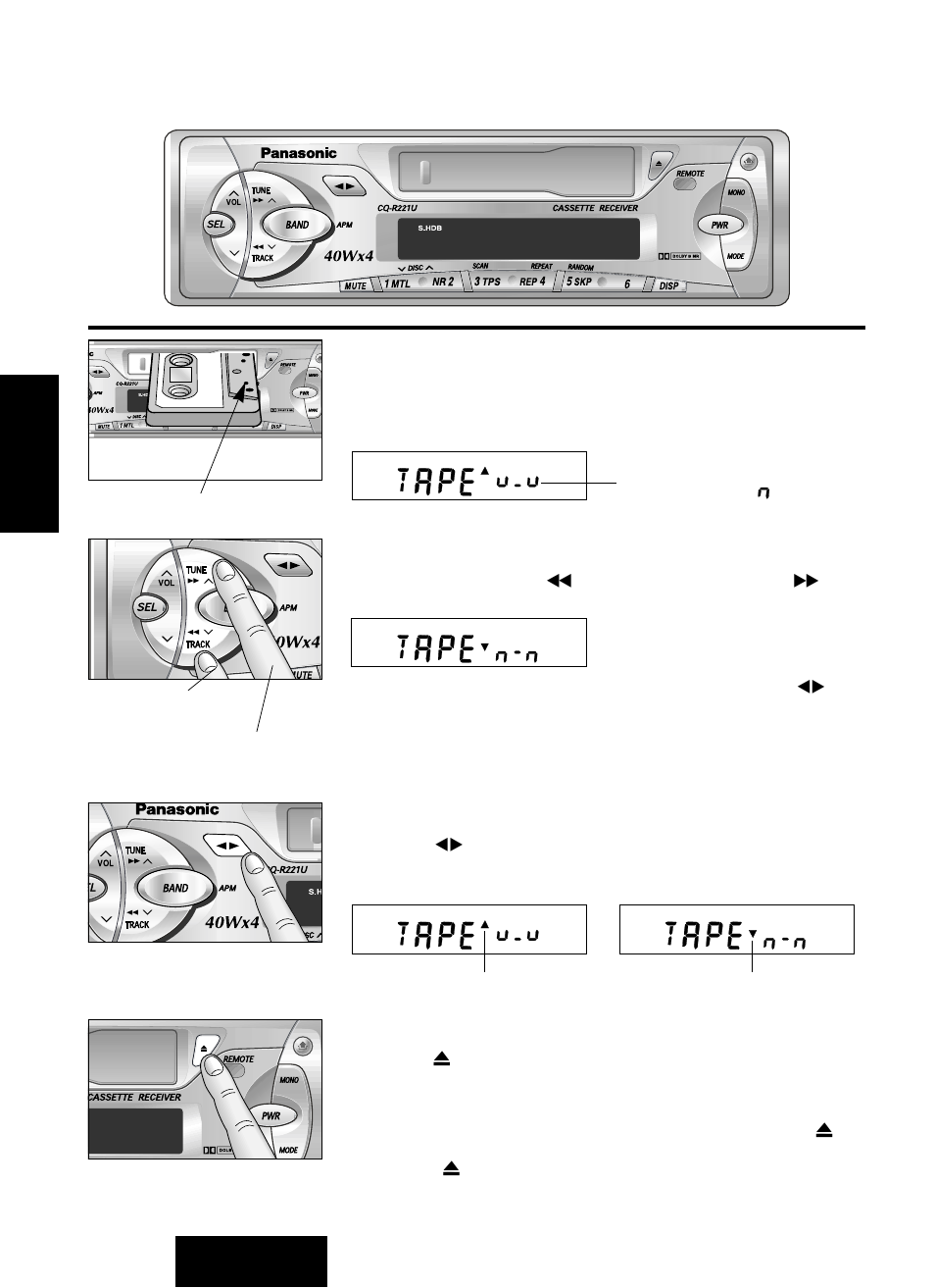 Operación básica del tocacintas de cassette, Cómo cargar un cassette, Rebobinado y avance rápido | Cómo cambiar el lado, Expulsión de la cinta | Panasonic CQ-R221U User Manual | Page 56 / 76