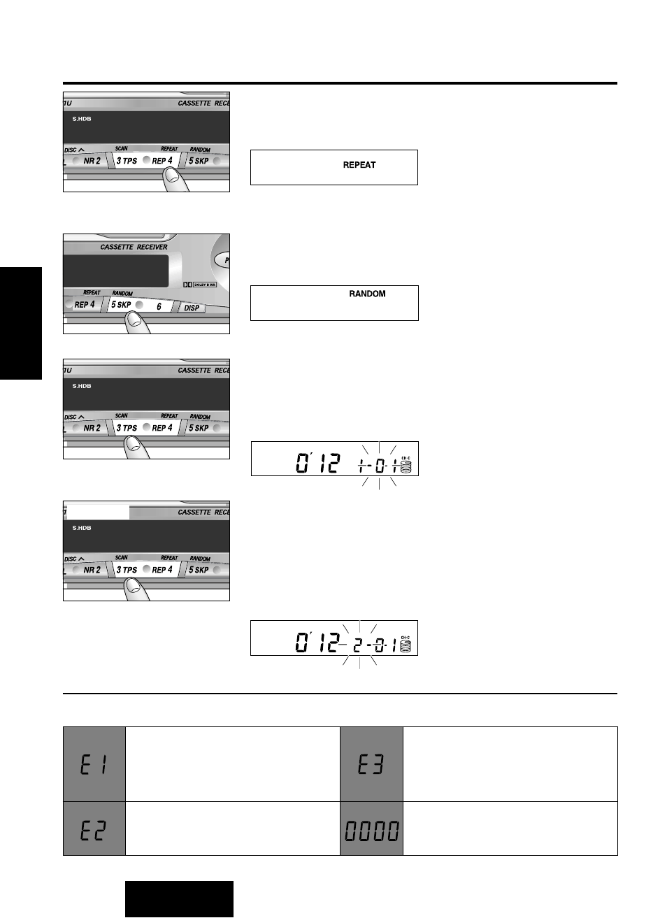 Conocimientos básicos cambiadiscos de cd, Repetición de una canción, Selección al azar | Exploración de pistas, Exploración de discos, Continuación, Mensajes de visualización de error | Panasonic CQ-R221U User Manual | Page 60 / 76