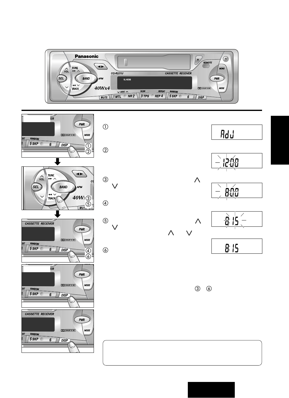 Operación básica del reloj, Ajuste inicial de las horas reajuste de la hora, Selección de la visualización del reloj | Panasonic CQ-R221U User Manual | Page 61 / 76