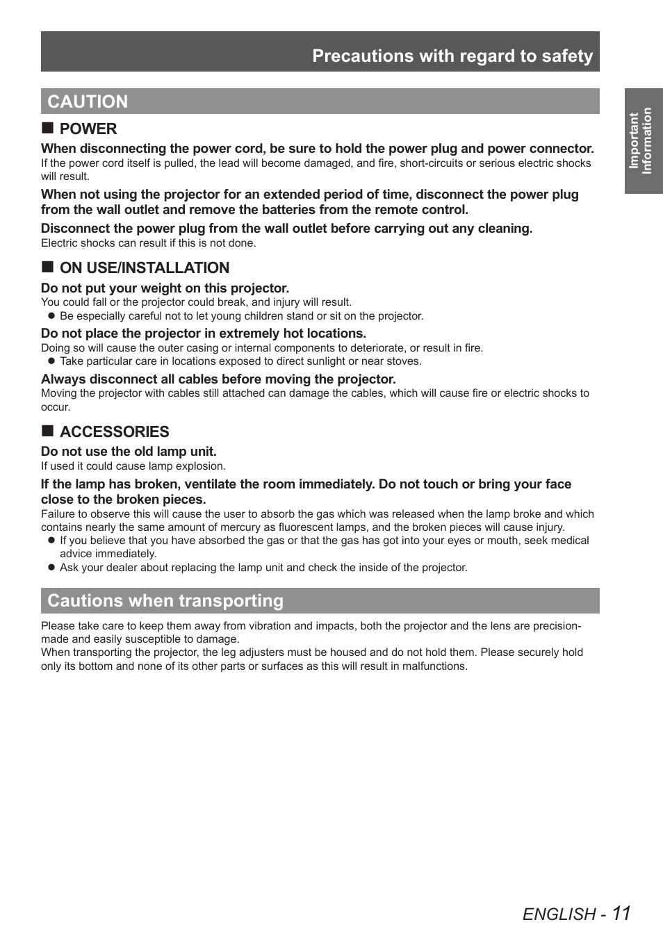 Caution, Cautions when transporting, Caution cautions when transporting | Precautions with regard to safety, English, Power, On use/installation, Accessories | Panasonic TQBJ0349 User Manual | Page 11 / 95
