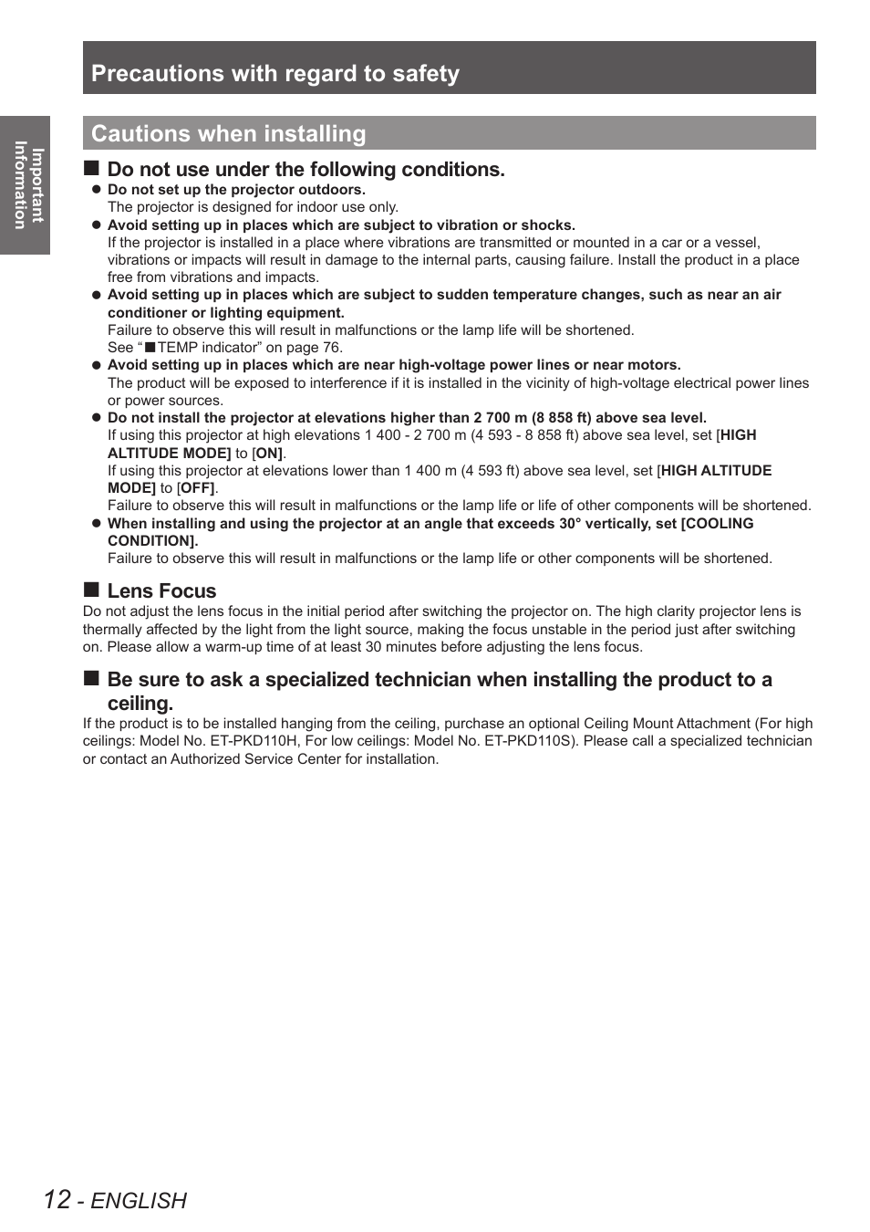 Cautions when installing, Precautions with regard to safety, English | Do not use under the following conditions, Lens focus | Panasonic TQBJ0349 User Manual | Page 12 / 95