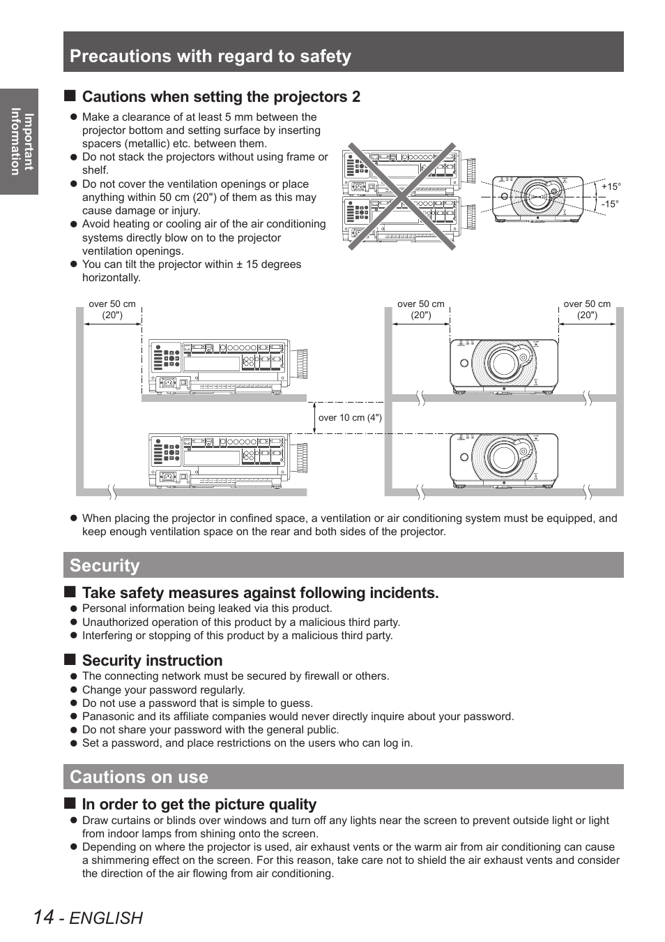 Security, Cautions on use, Security cautions on use | Precautions with regard to safety, English, Cautions when setting the projectors 2, Take safety measures against following incidents, Security instruction | Panasonic TQBJ0349 User Manual | Page 14 / 95