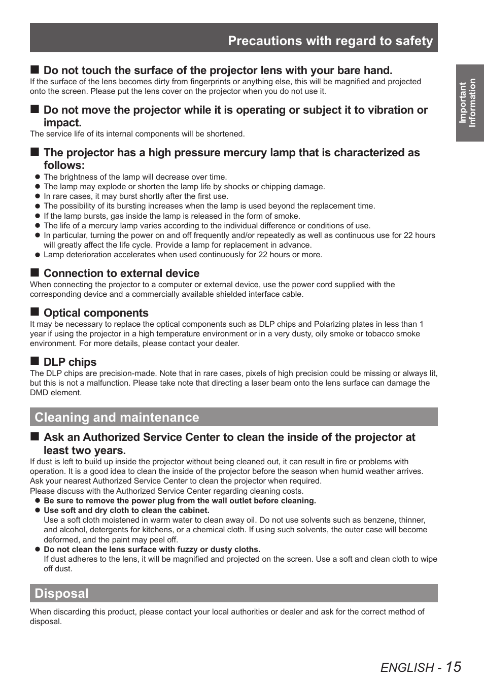 Cleaning and maintenance, Disposal, Cleaning and maintenance disposal | Precautions with regard to safety, English, Connection to external device, Optical components, Dlp chips | Panasonic TQBJ0349 User Manual | Page 15 / 95