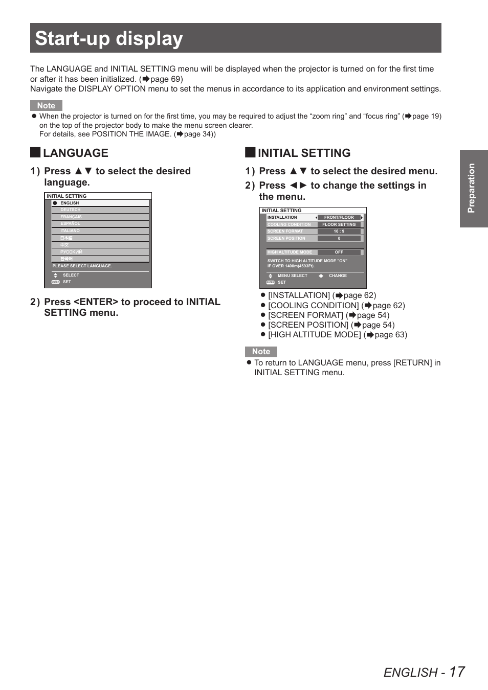 Start-up display, English, Language | Initial setting, Press ▲▼ to select the desired 1 ) language | Panasonic TQBJ0349 User Manual | Page 17 / 95