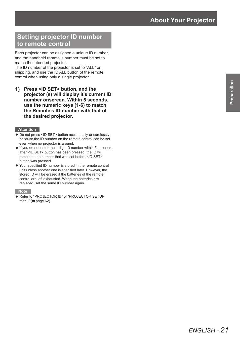 Setting projector id number to remote control, About your projector, English | Panasonic TQBJ0349 User Manual | Page 21 / 95