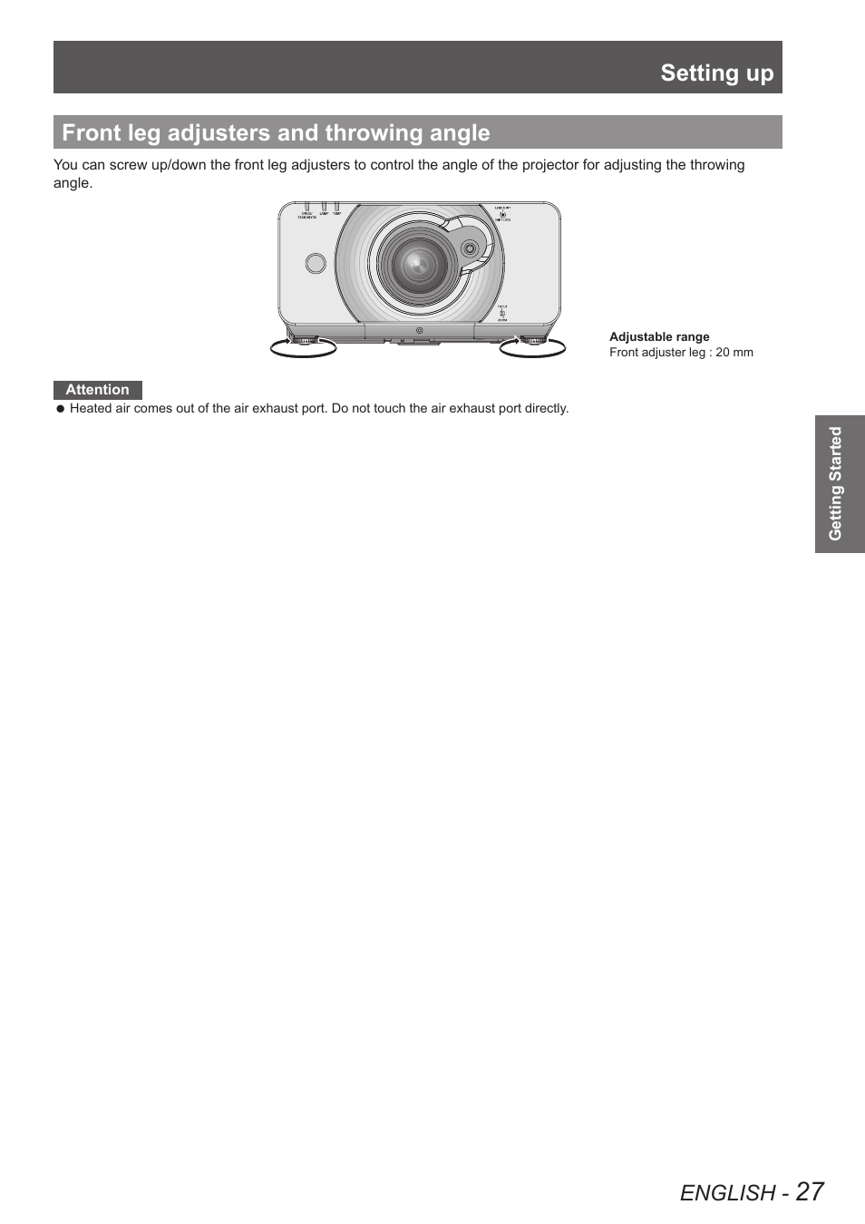 Front leg adjusters and throwing angle, Setting up, English | Panasonic TQBJ0349 User Manual | Page 27 / 95