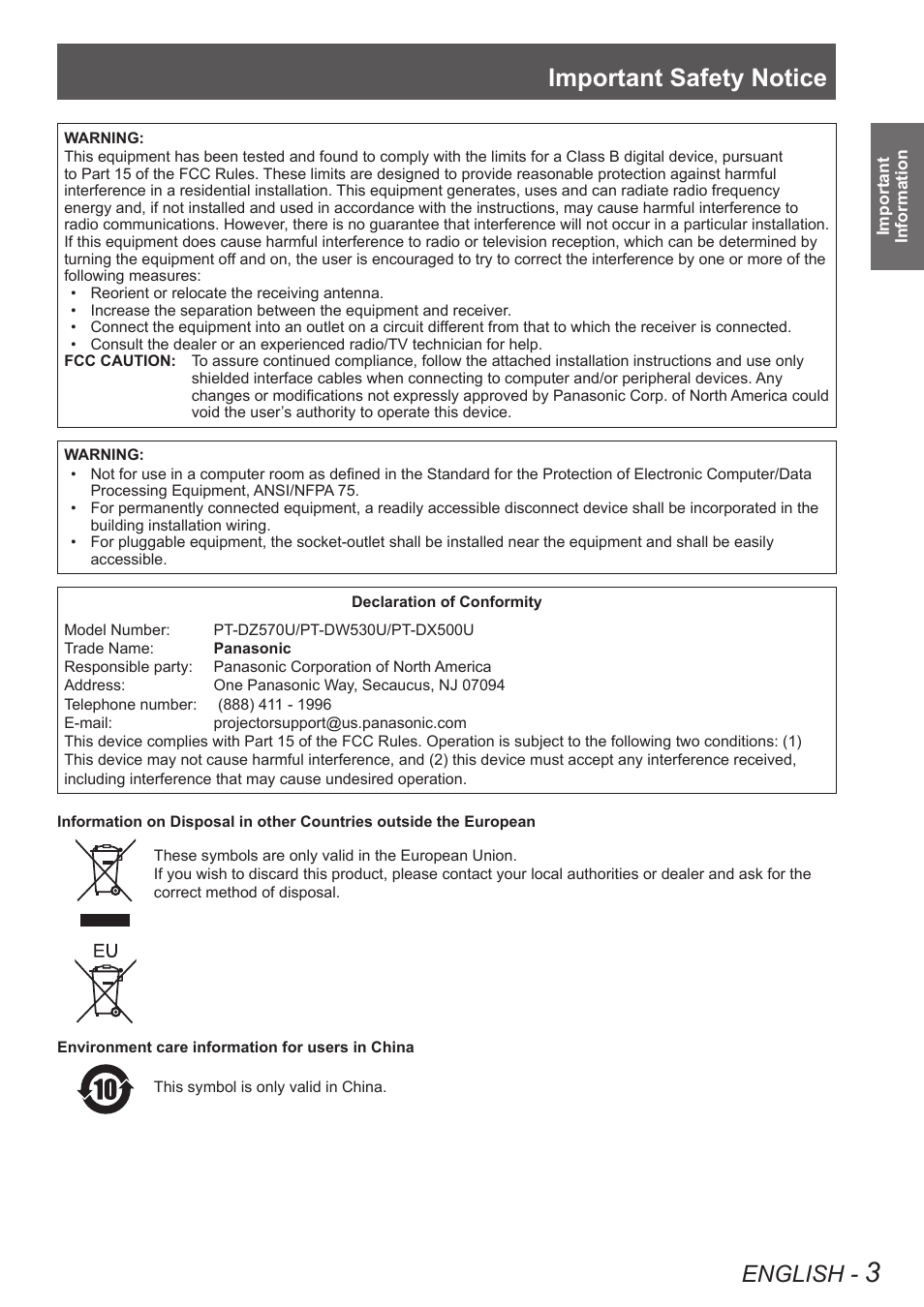 Important safety notice, English | Panasonic TQBJ0349 User Manual | Page 3 / 95