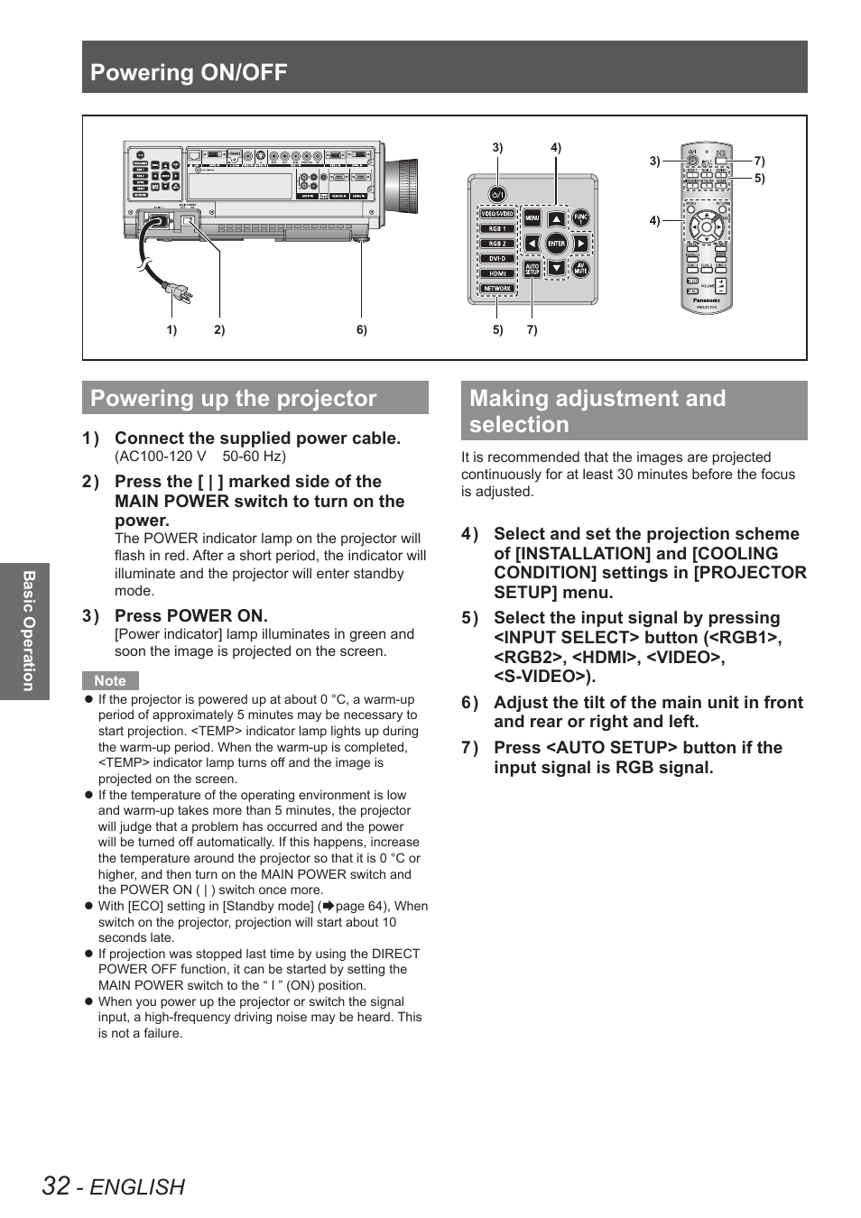 Powering up the projector, Making adjustment and selection, Powering on/off | English | Panasonic TQBJ0349 User Manual | Page 32 / 95