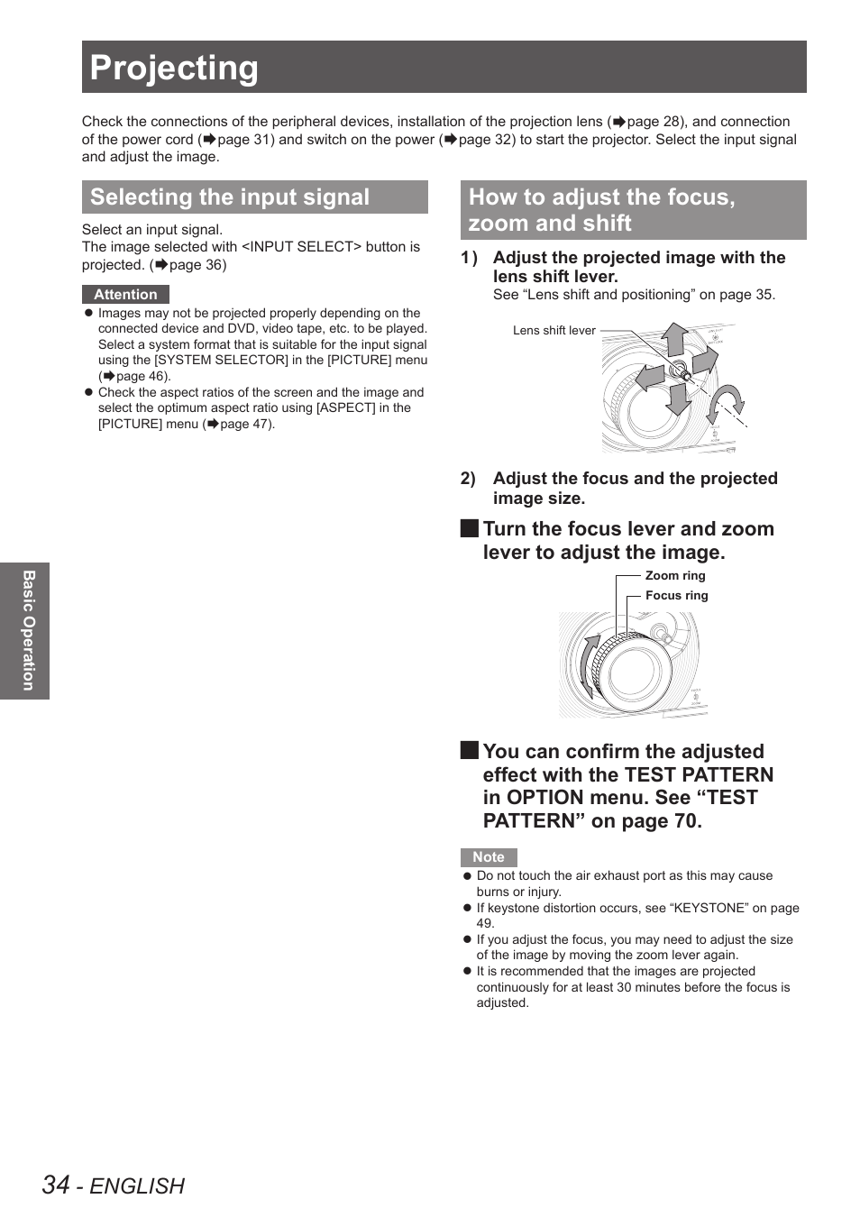 Projecting, Selecting the input signal, How to adjust the focus, zoom and shift | English, Turn the focus lever and zoom | Panasonic TQBJ0349 User Manual | Page 34 / 95