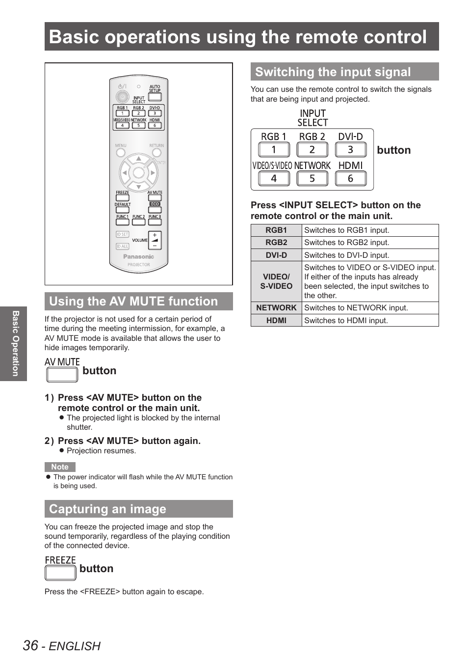 Basic operations using the remote control, Using the av mute function, Capturing an image | Switching the input signal, Basic operations using the remote, Control, English, Button | Panasonic TQBJ0349 User Manual | Page 36 / 95