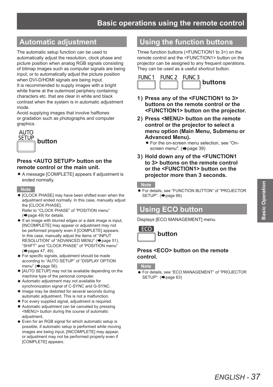 Automatic adjustment, Using the function buttons, Using eco button | Basic operations using the remote control, English, Button, Buttons | Panasonic TQBJ0349 User Manual | Page 37 / 95