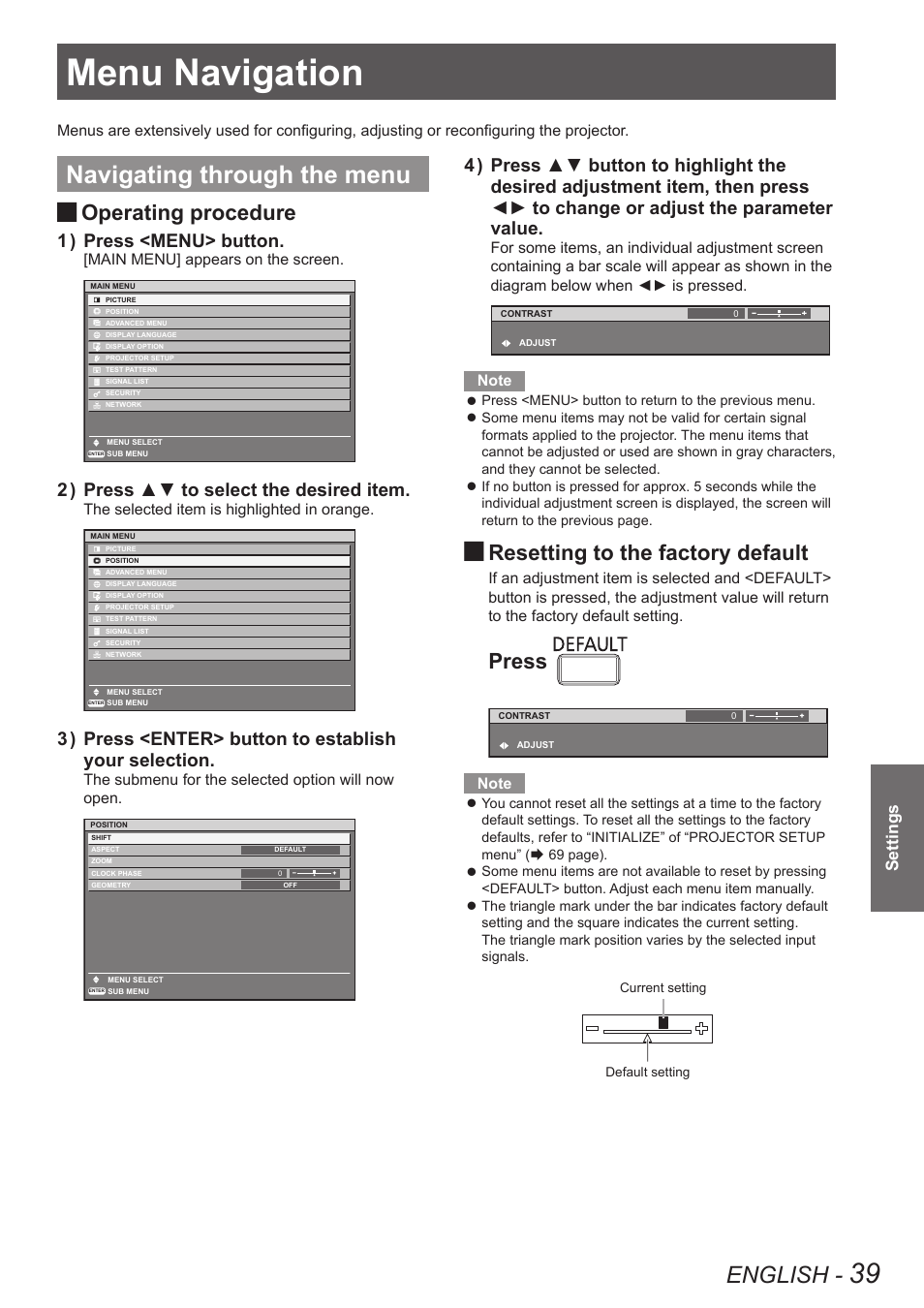 Settings, Menu navigation, Navigating through the menu | English, Operating procedure, Resetting to the factory default, Press, Press <menu> button. 1 ), Press ▲▼ to select the desired item. 2 ) | Panasonic TQBJ0349 User Manual | Page 39 / 95