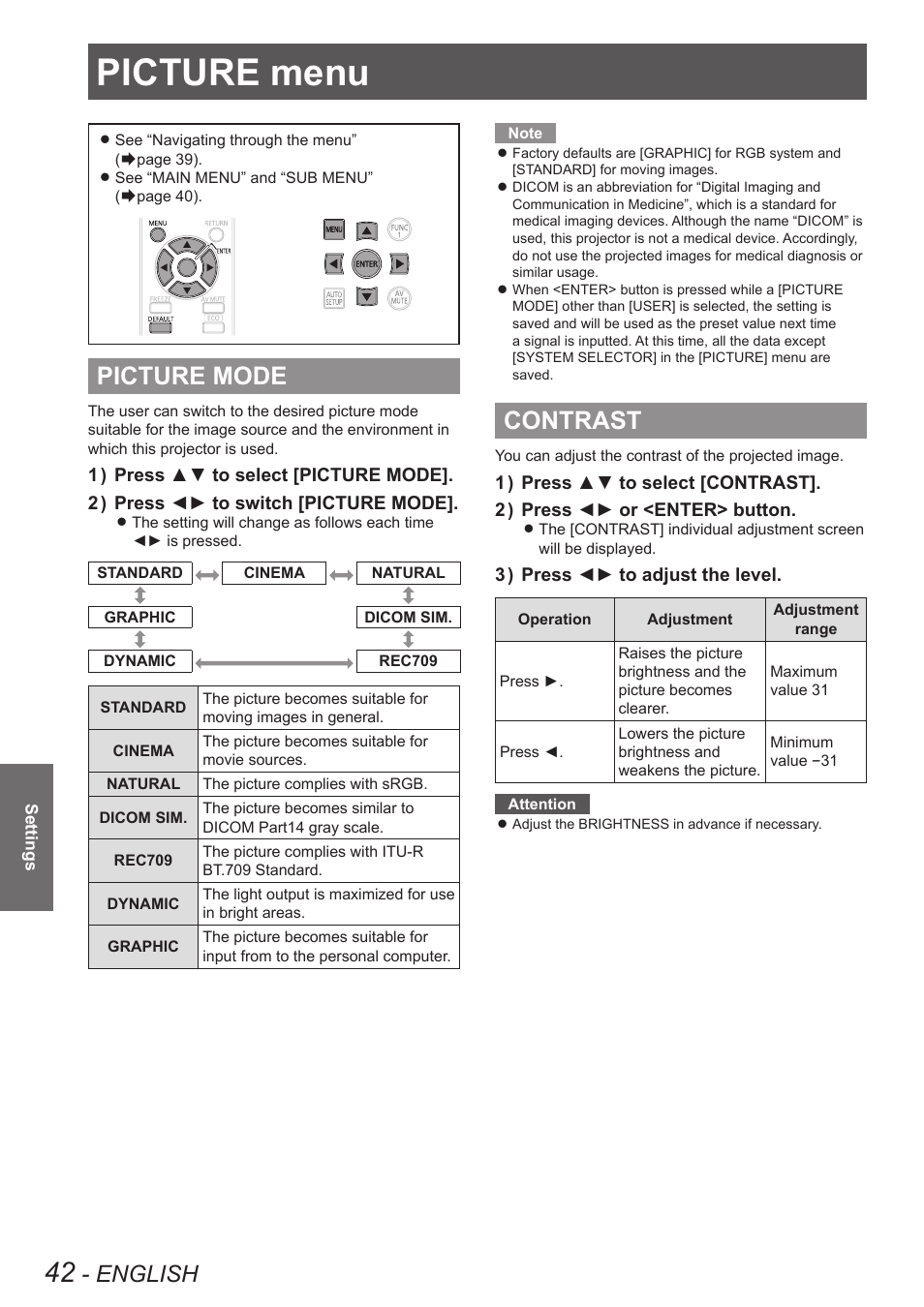 Picture menu, Picture mode, Contrast | Picture mode contrast, English | Panasonic TQBJ0349 User Manual | Page 42 / 95